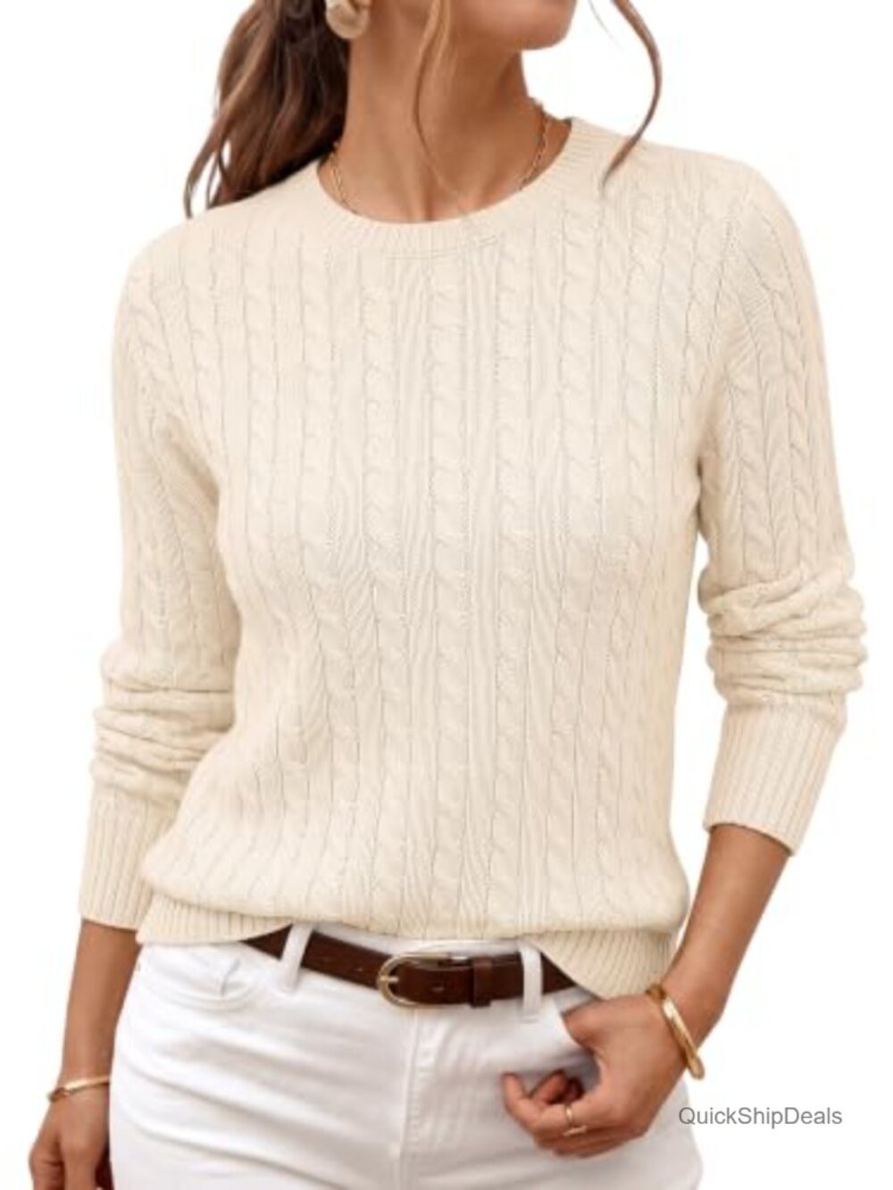 Womens Cable Knit Crewneck Long Sleeve Pullover Sweater